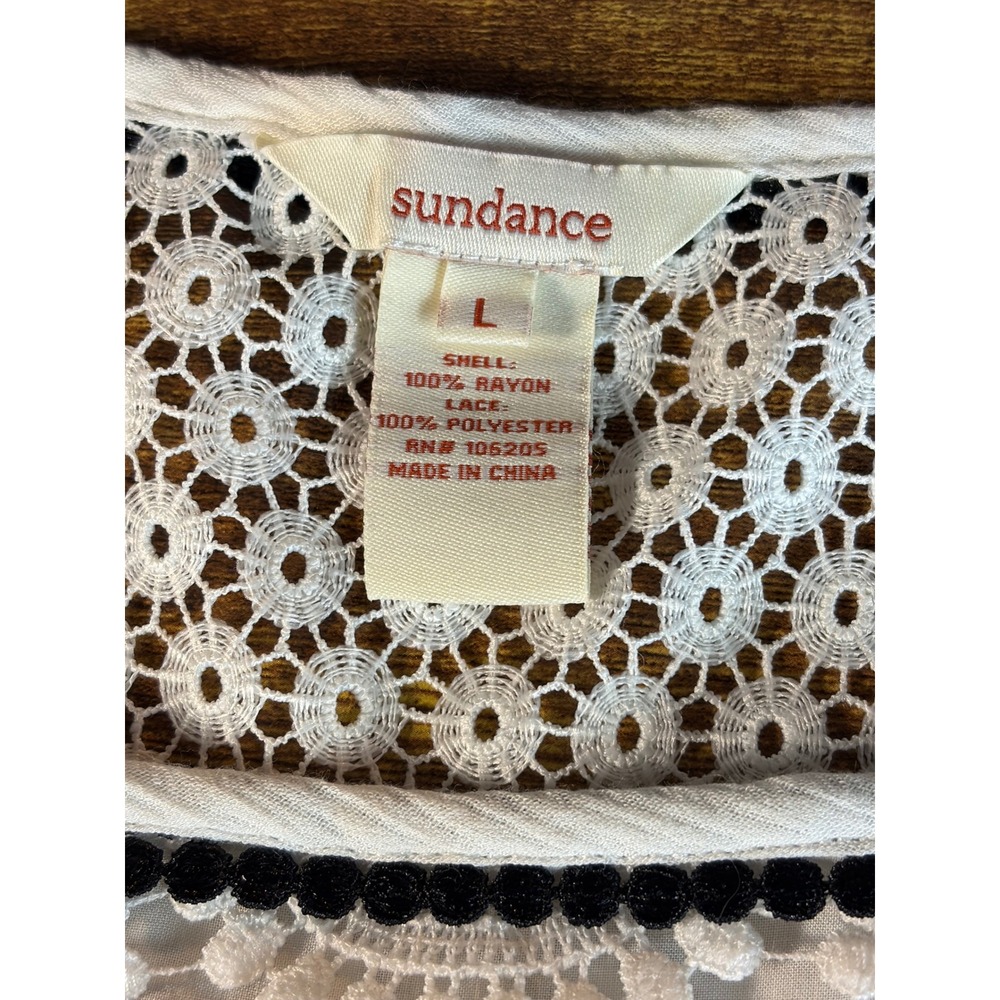 Sundance Ivory Lace Boho embellished Tunic Top Short Sleeve Black Pom Trim Large - Picture 5 of 8